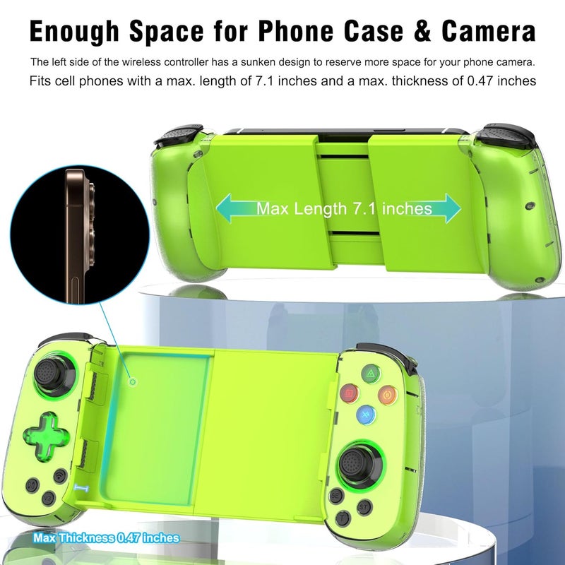 Joso Wireless Phone Controller for iPhone/Android, Mobile Game Controller with Hall Joystick Suitable for Xbox Cloud Gaming, PS Remote Play, Steam Link, Call of Duty & More - Green with Rocker Light - Image 3
